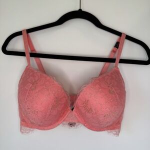 Victoria's Secret 34DD Very Sexy Push-Up‎ Bra Peach Coral Floral Gold Lace New